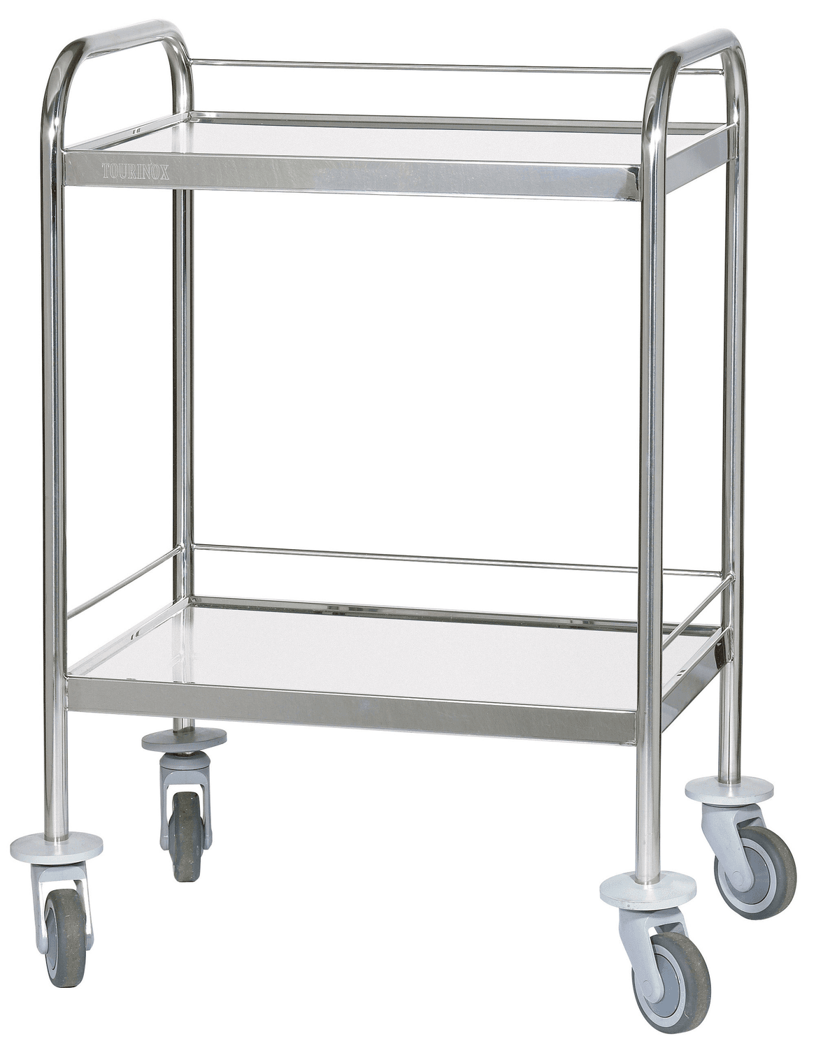 Guéridon 2 plateaux inox avec poignées, bords relevés, avec galeries, dimension 600x400cm