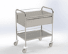 Guéridon 2 plateaux inox avec poignées, bords relevés, avec galeries en longueur sur fond plateau supérieur et 3 galeries sur plateau inférieur et un tiroir, dimension 750x500cm