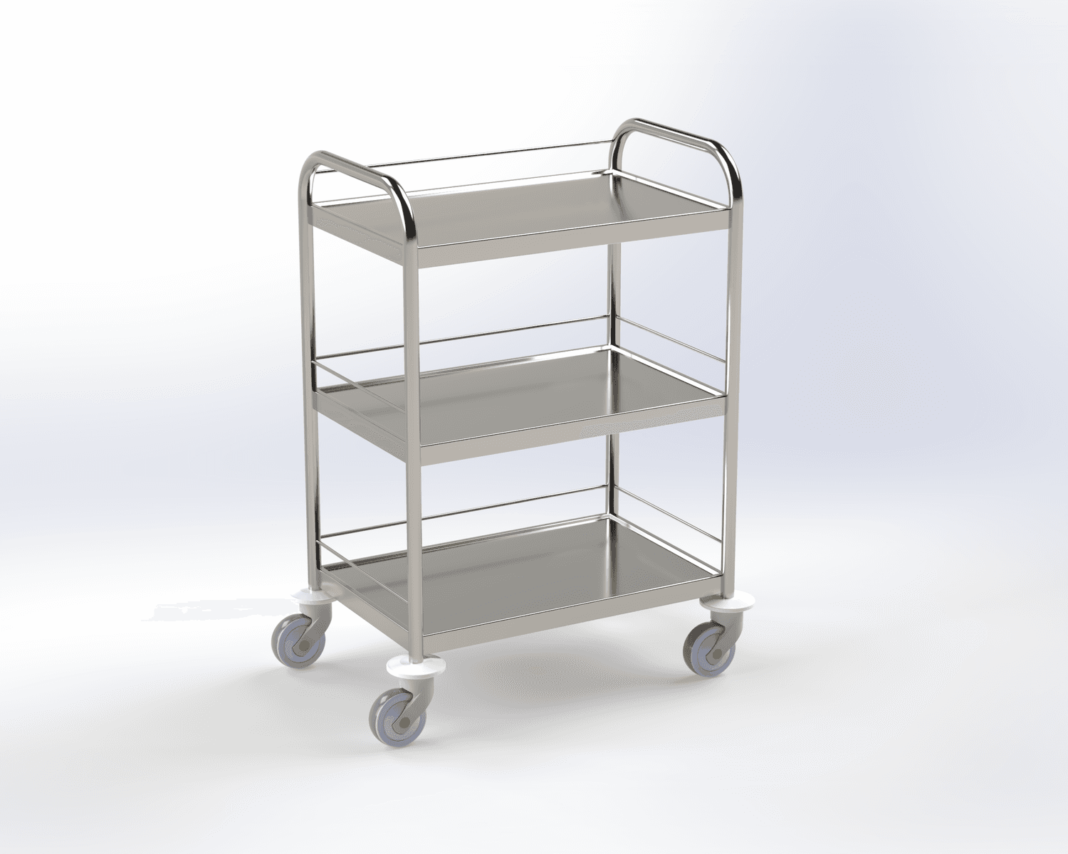 Guéridon 3 plateaux inox, bords relevés, 600x400mm avec poignées et galeries
