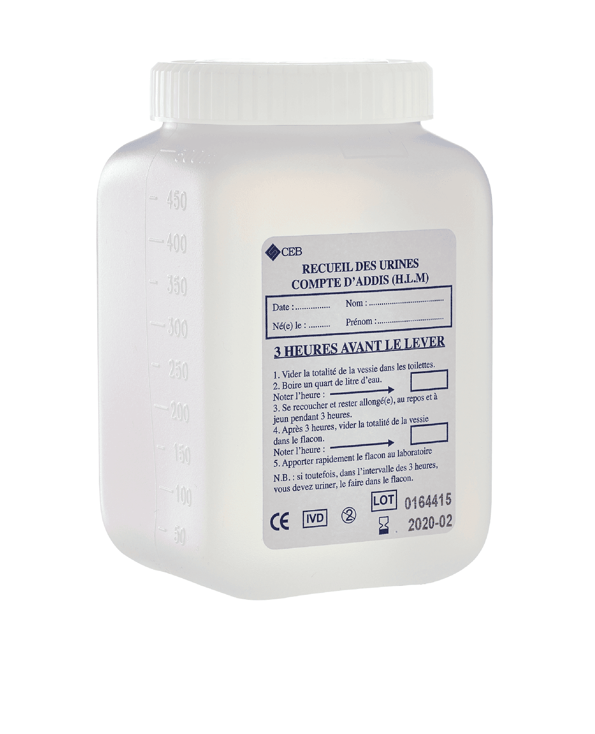 Flacon pour Compte d'Addis 500ml en PEHD naturel gradué cape blanche auto-jointante avec étiquette protocole recueil