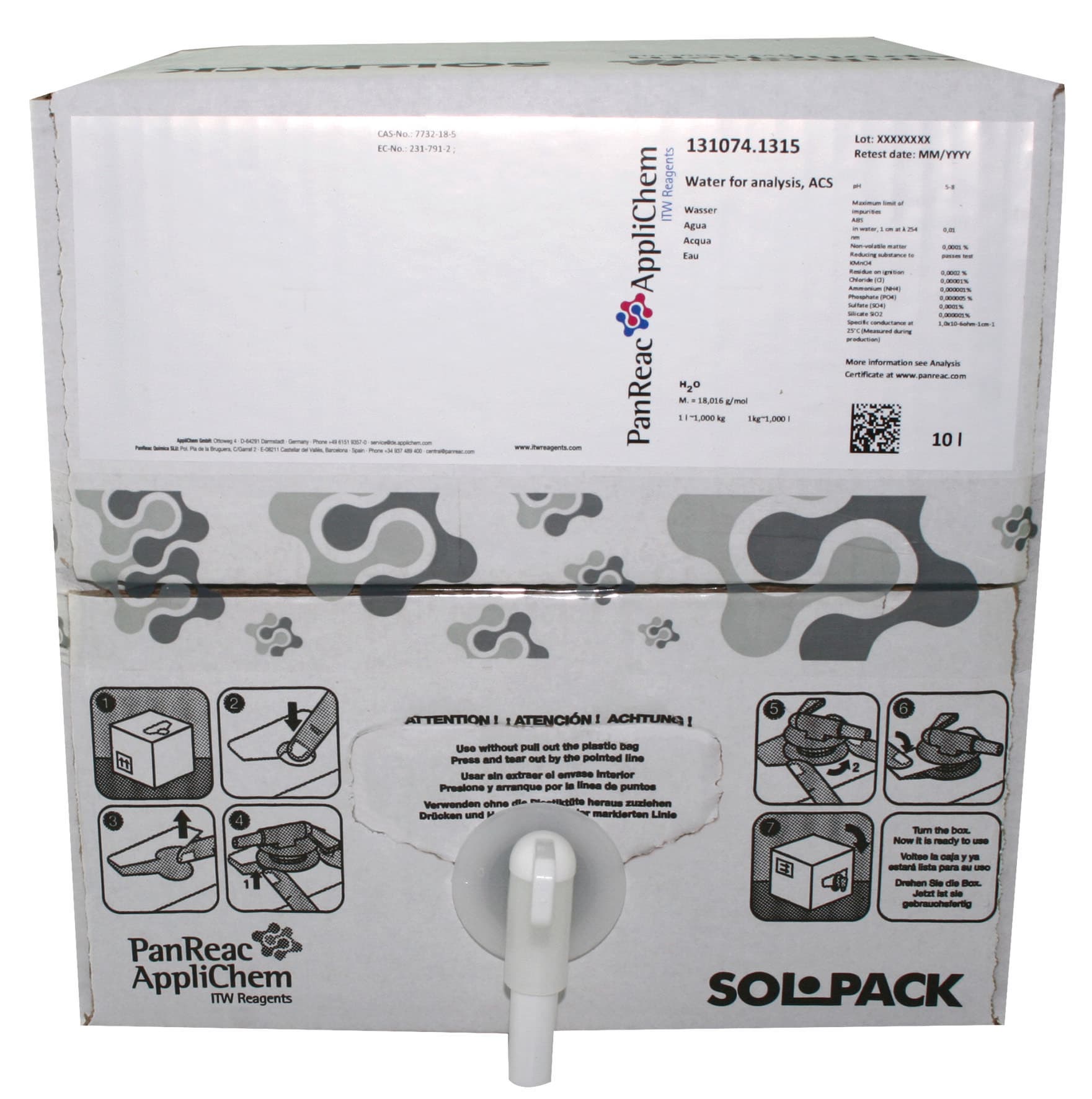Eau purifiée pour analyses Panreac, 10L