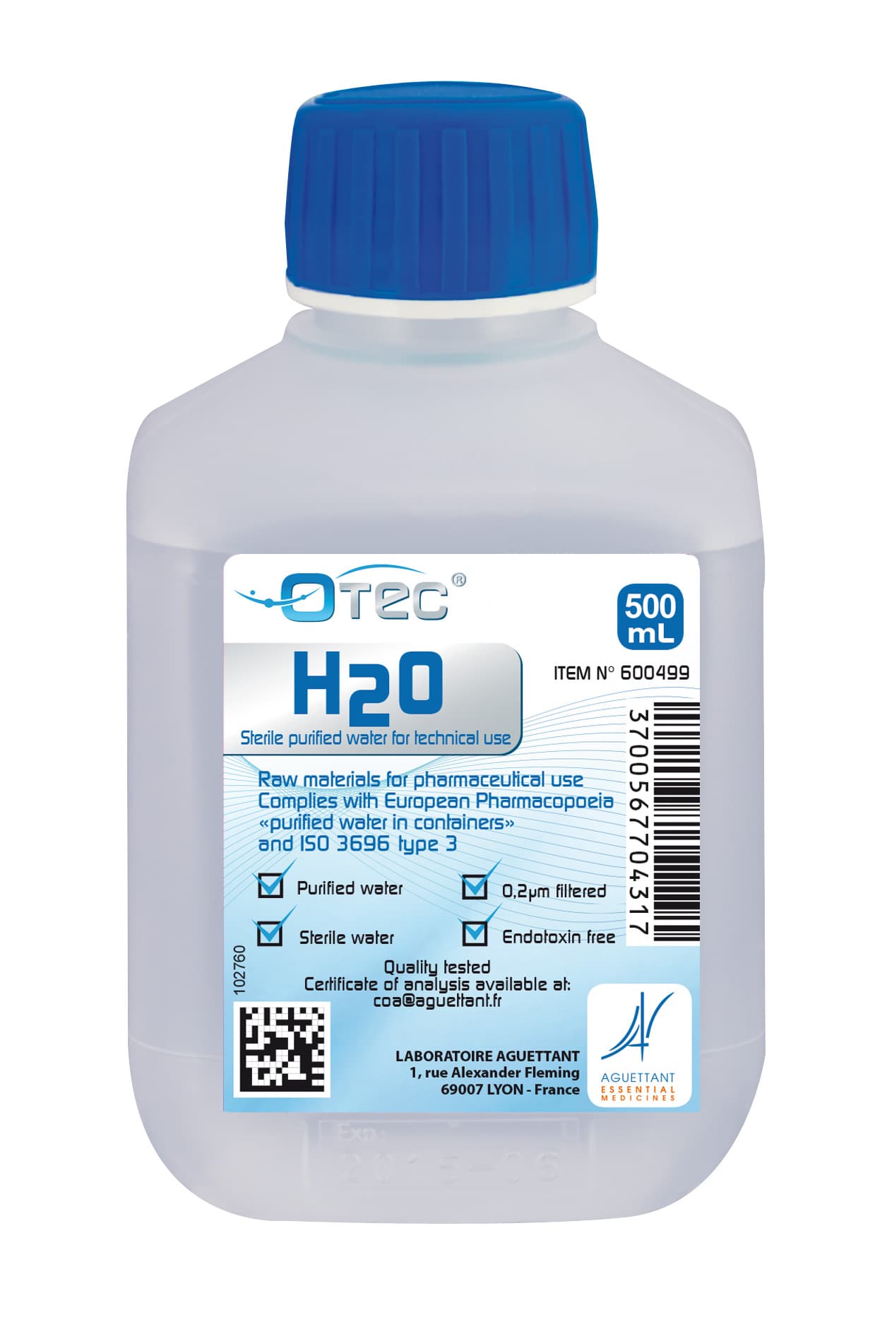 Eau purifiée stérile apyrogène Otec® Aguettant, 500ml