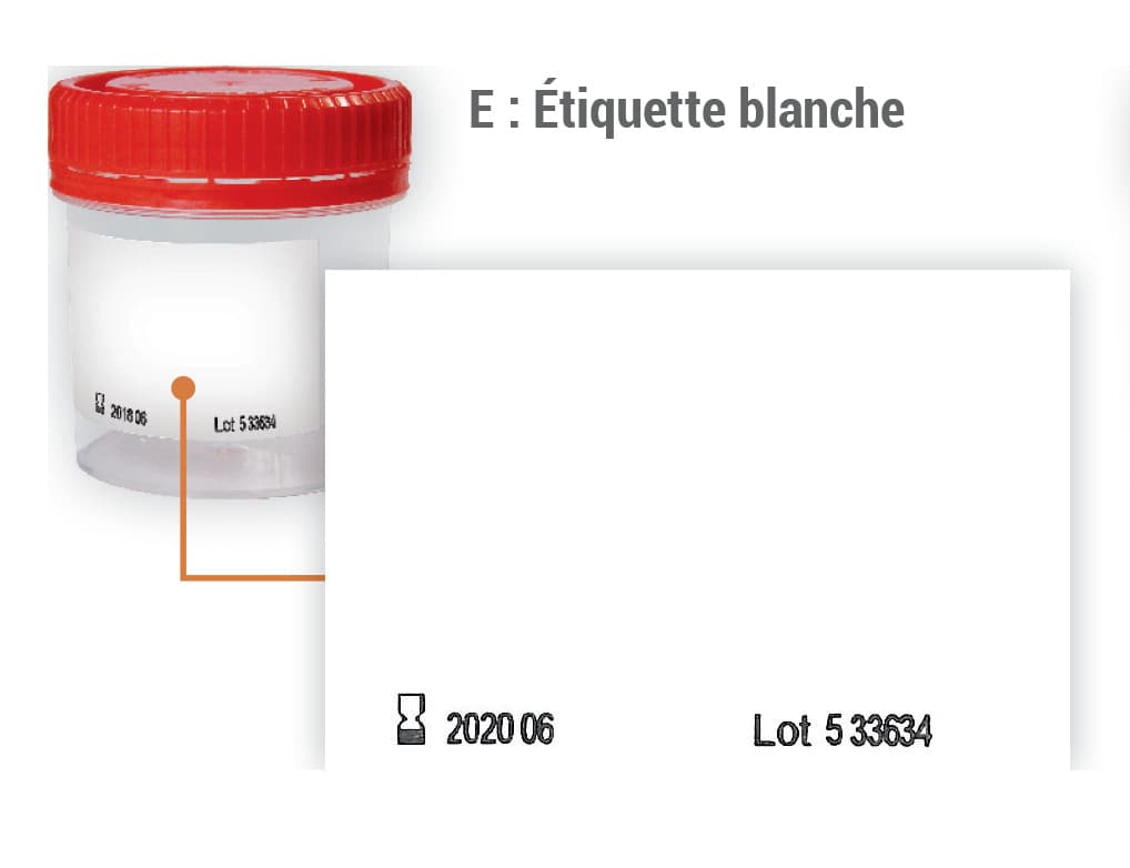 Flacon et pot pour coprologie avec étiquette blanche