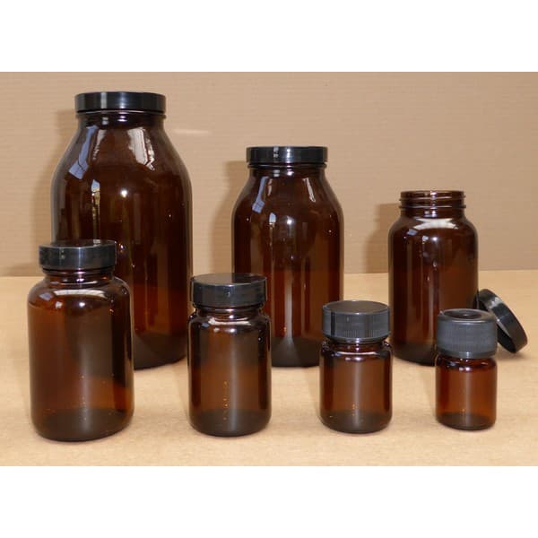 Flacon en verre sodocalcique ambré 125ml col large à vis avec cape en polypropylène