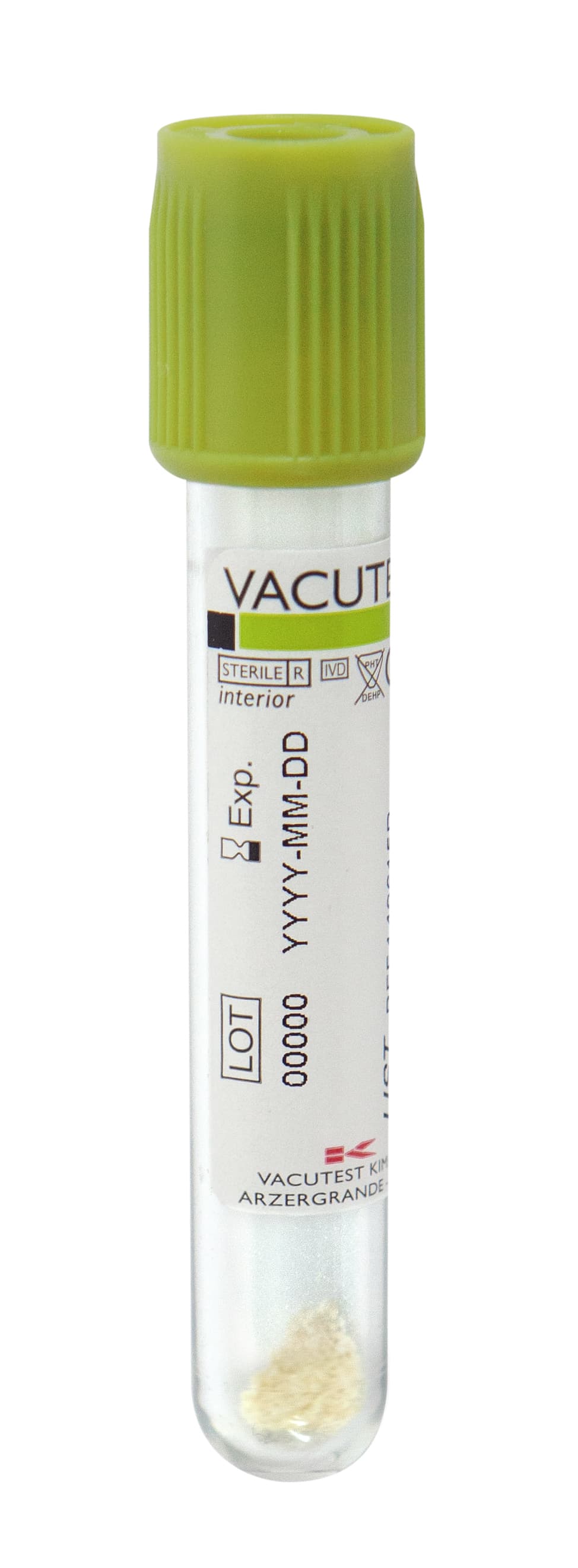 Tube sous vide Vacutest® en PET pour urine avec stabilisateur haute solubilité (à base d'acide borique) bouchon vert kaki stérile