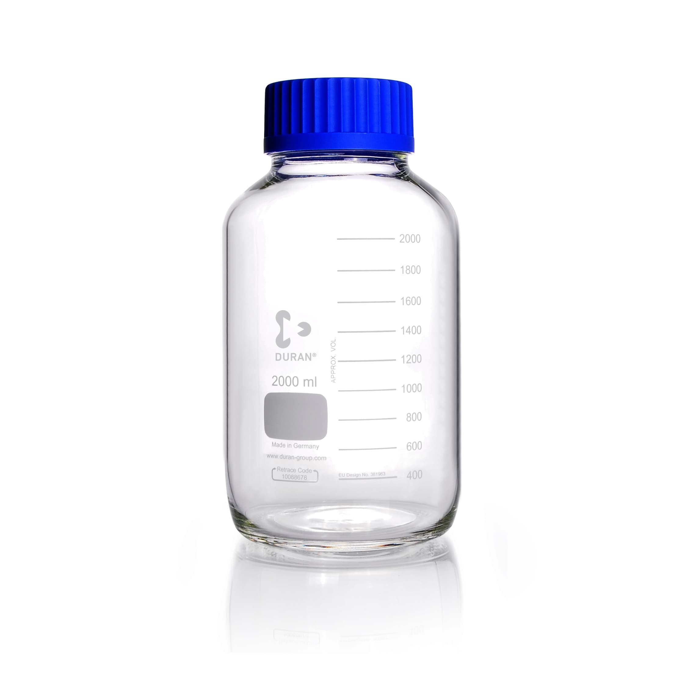 Flacon en verre Duran® 2L gradué col large GL80 avec bouchon à vis et bague de déversement en polypropylène