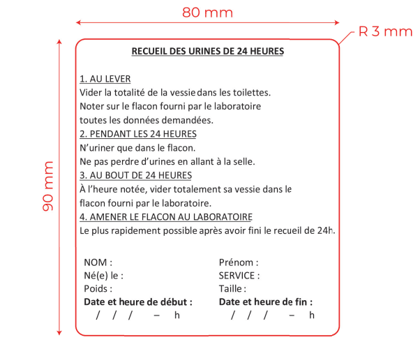Etiquette avec protocole de recueil pour urines 24h 90x80mm blanche
