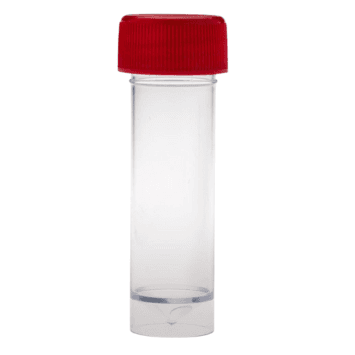 Tube 25 ml en polystyrène fond conique à jupe cape à vis rouge aseptique