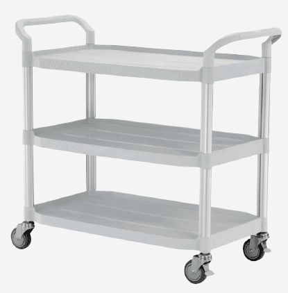 Chariot polyvalent 3 plateaux plastique renforcé, montant aluminium, roulettes 100mm dont 2 avec frein, gris clair,1100 x 520 x 1020mm (LxPxH)