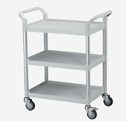 Chariot polyvalent 3 plateaux plastique renforcé, montant aluminium, roulettes 100mm dont 2 avec frein, gris clair, 800 x 480 x 1000mm (LxPxH)