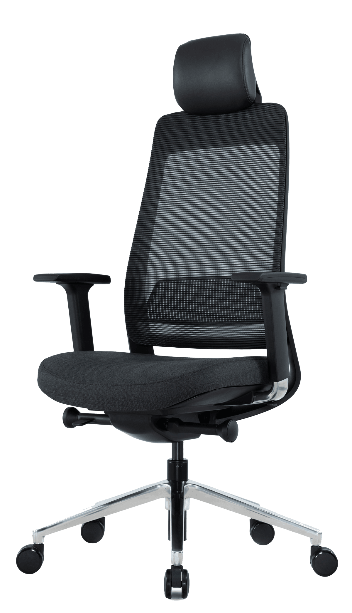 Fauteuil bureautique Fairfax, assise tissu anthracite, dossier aluminium filet noir, accoudoirs, pied aluminium poli, roulettes, têtière