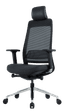 Fauteuil bureautique Fairfax, assise tissu anthracite, dossier aluminium filet noir, accoudoirs, pied aluminium poli, roulettes, têtière