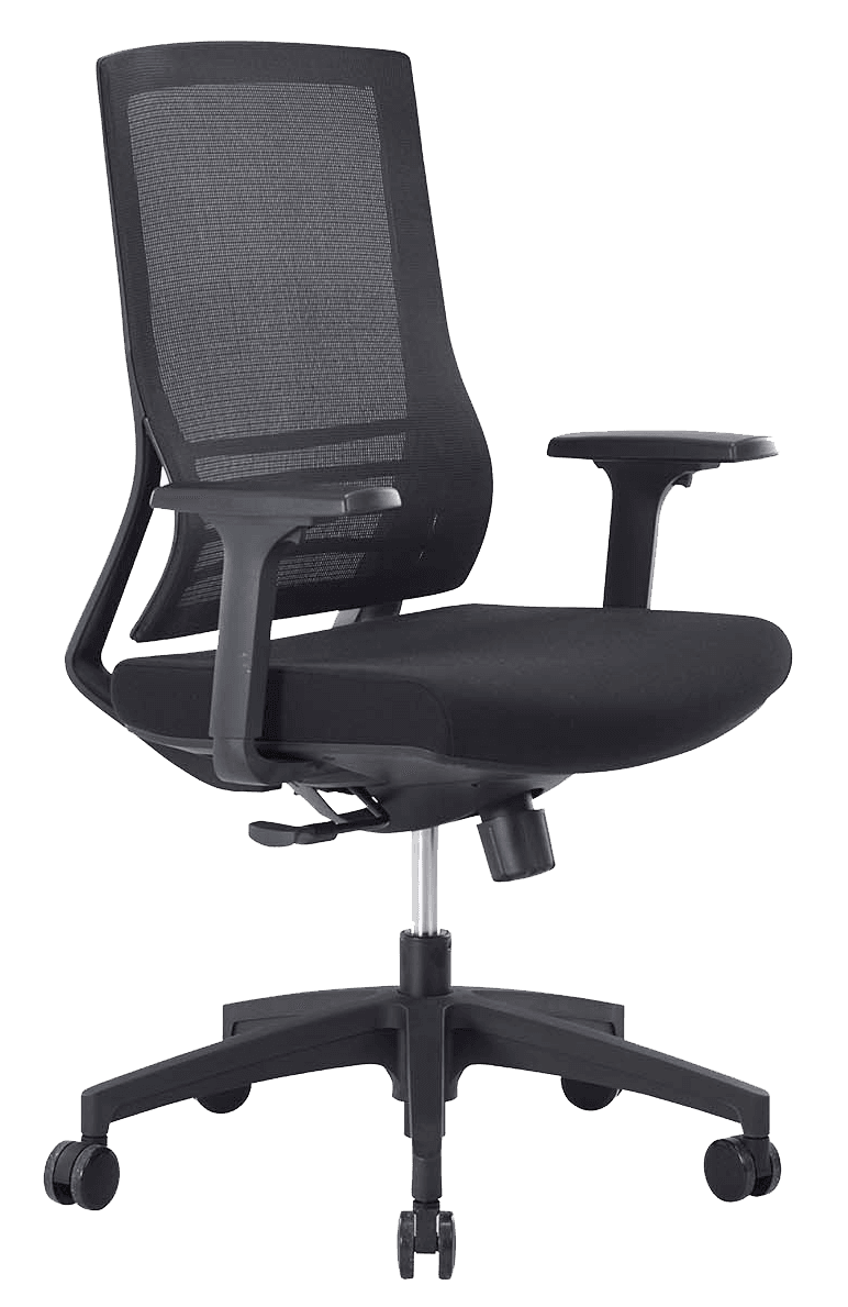 Siège bureautique Gower, assise tissu noir, dossier filet noir, pied nylon, roulettes
