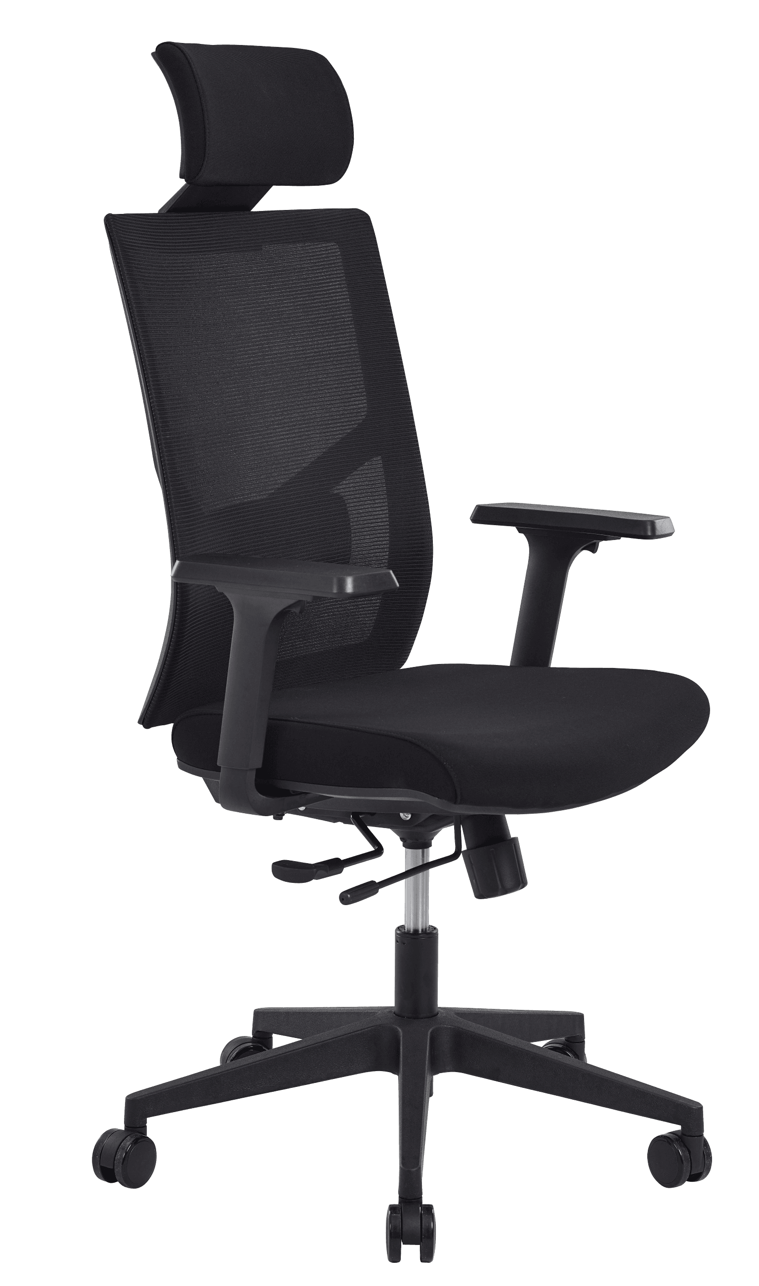 Fauteuil bureautique Zack, assise tissu noir, dossier filet noir, accoudoirs, pied nylon, roulettes, têtière