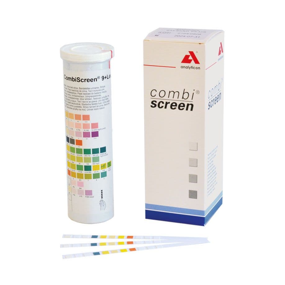 Bandelette urinaire CombiScreen® Plus 9 paramètres : pH, leucocytes, nitrite, protéines, glucose, corps cétoniques, urobilinogène, bilirubine, sang (par 100)