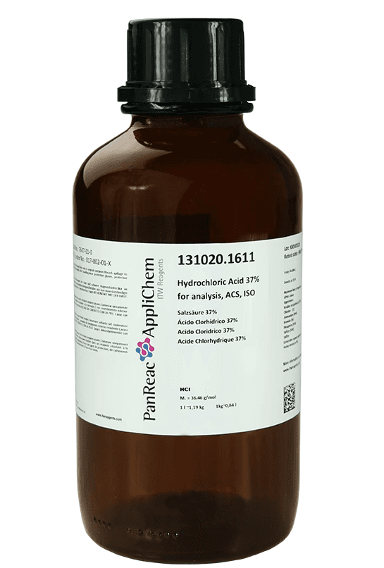 Acide chlorhydrique 37% (fumant) pour analyses ACS, ISO Panreac, flacon en verre, 1L
