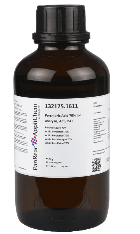 Acide perchlorique 70% pour analyses ACS, ISO Panreac, flacon en verre, 1L