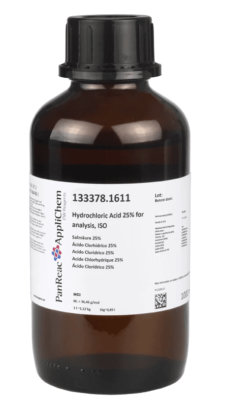 Acide chlorhydrique 25% pour analyses ISO Panreac, flacon en verre, 1L
