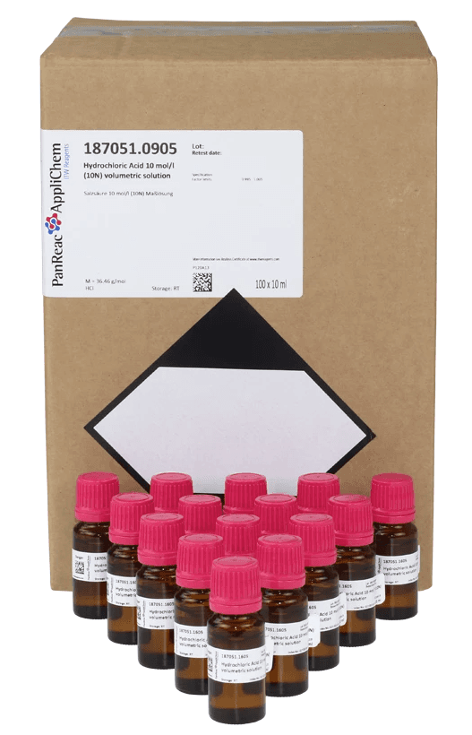 Acide chlorhydrique 10N, pack de 100 flacons de 10ml