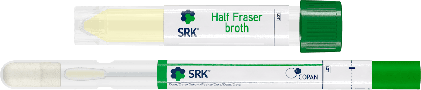 Ecouvillon floqué standard FLOQSwabs® dans 1 tube pour prélèvement de surface SRK™ 1ml + bouillon HF (Half Fraser) 10ml, tube 16x100mm, emballage unitaire pour détection de Listeria spp