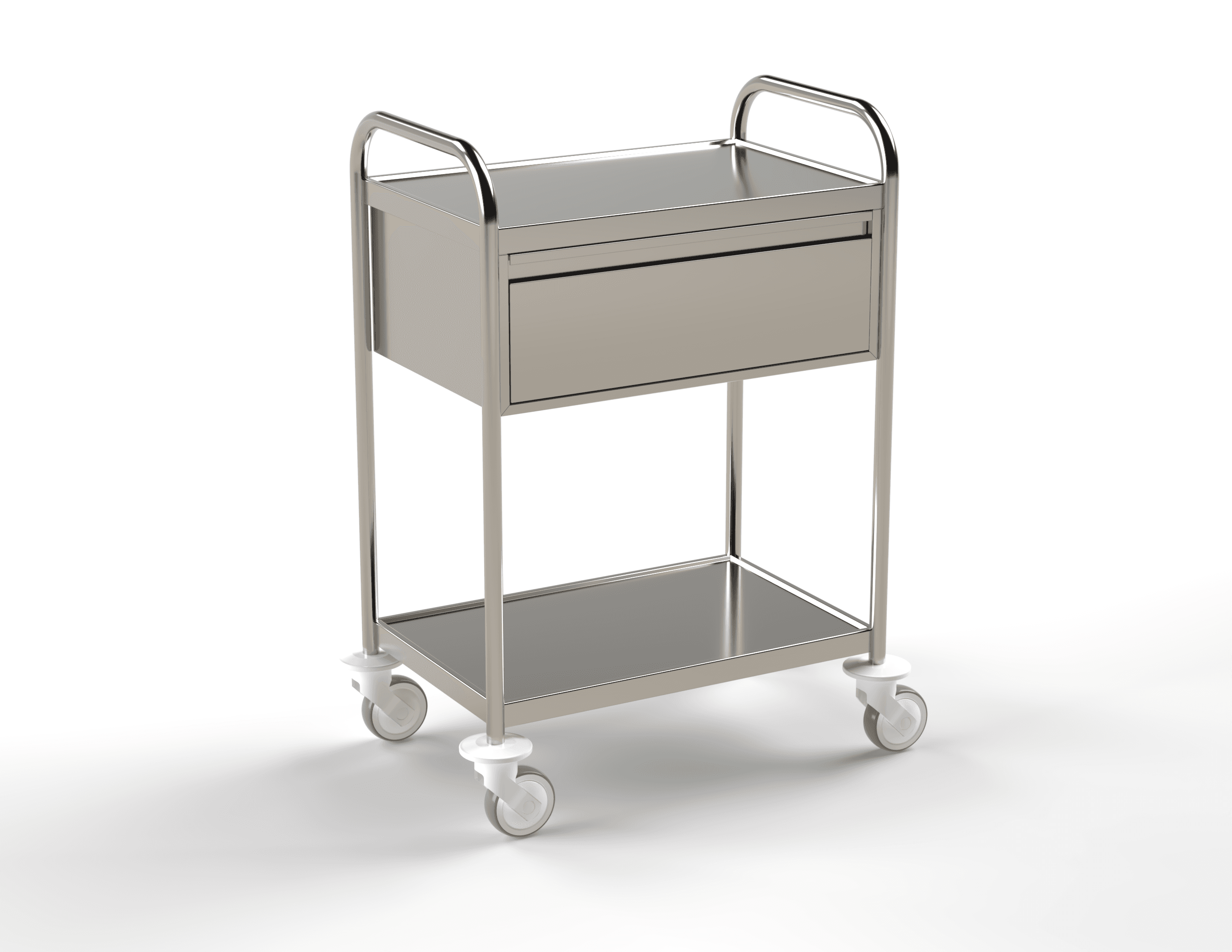 Guéridon 2 plateaux inox, bords relevés, 600x400mm avec poignées et un tiroir en inox