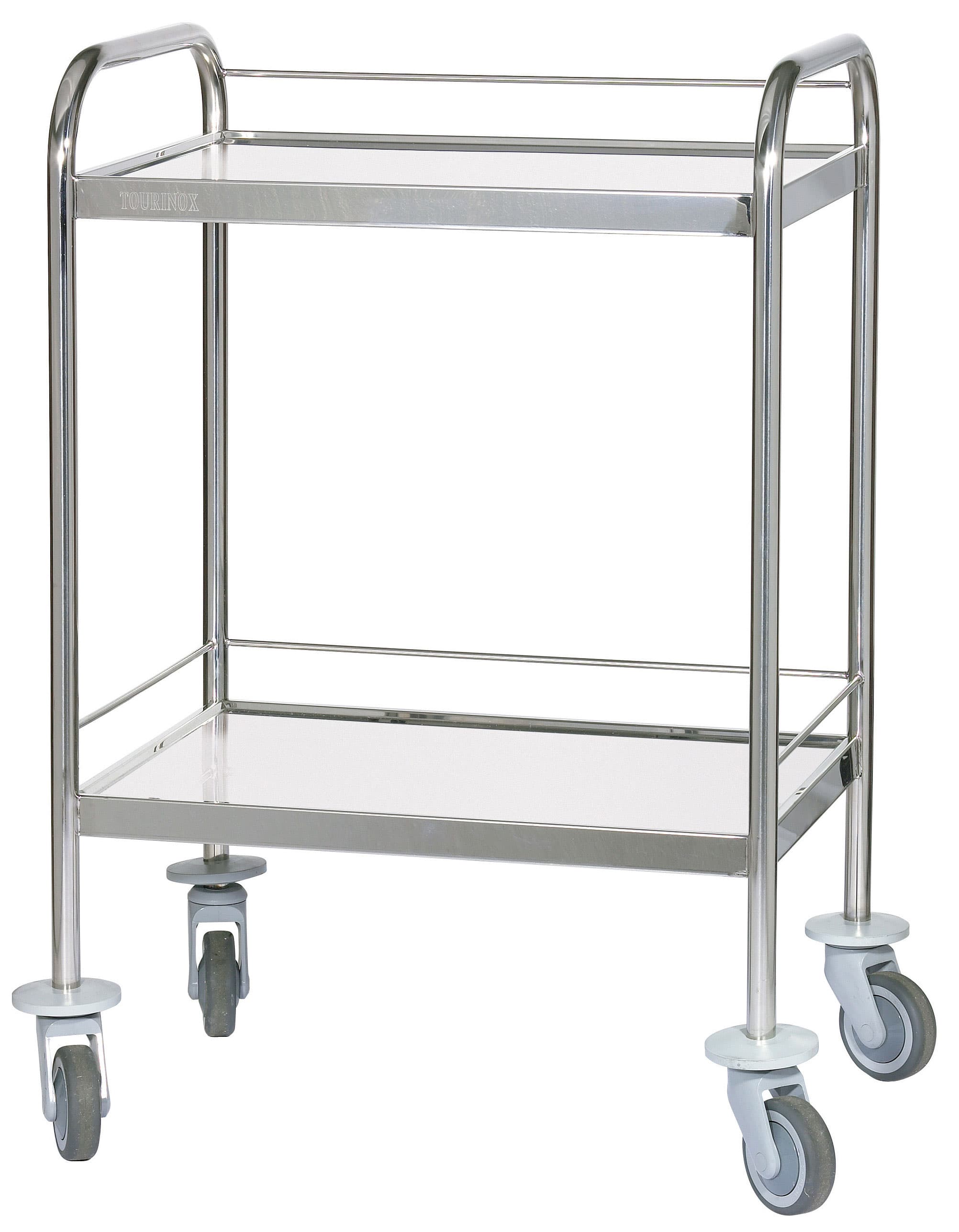 Guéridon 2 plateaux inox avec poignées, bords relevés, avec galeries, dimension 600x400cm