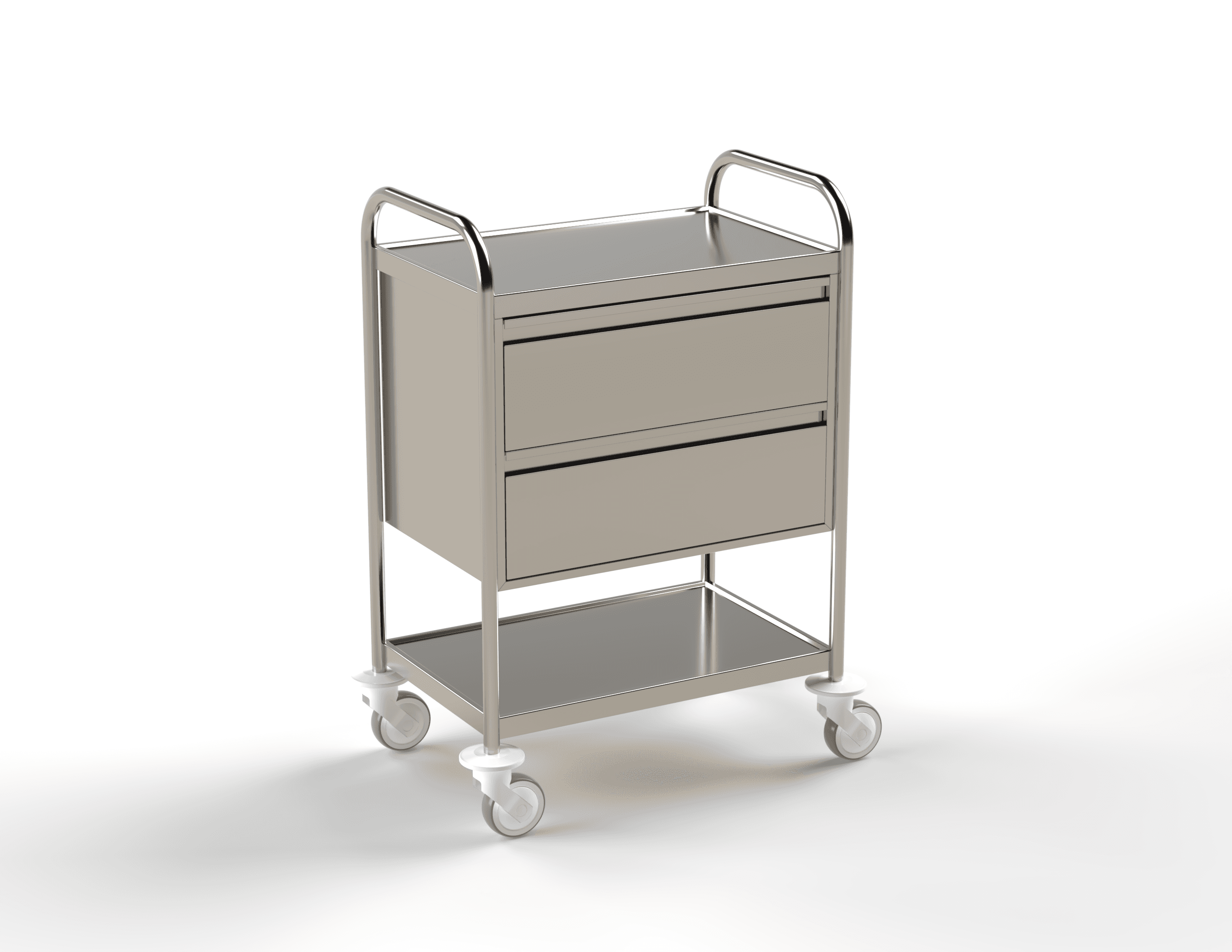 Guéridon 2 plateaux inox, bords relevés, 600x40mm0 avec poignées et deux tiroirs en inox