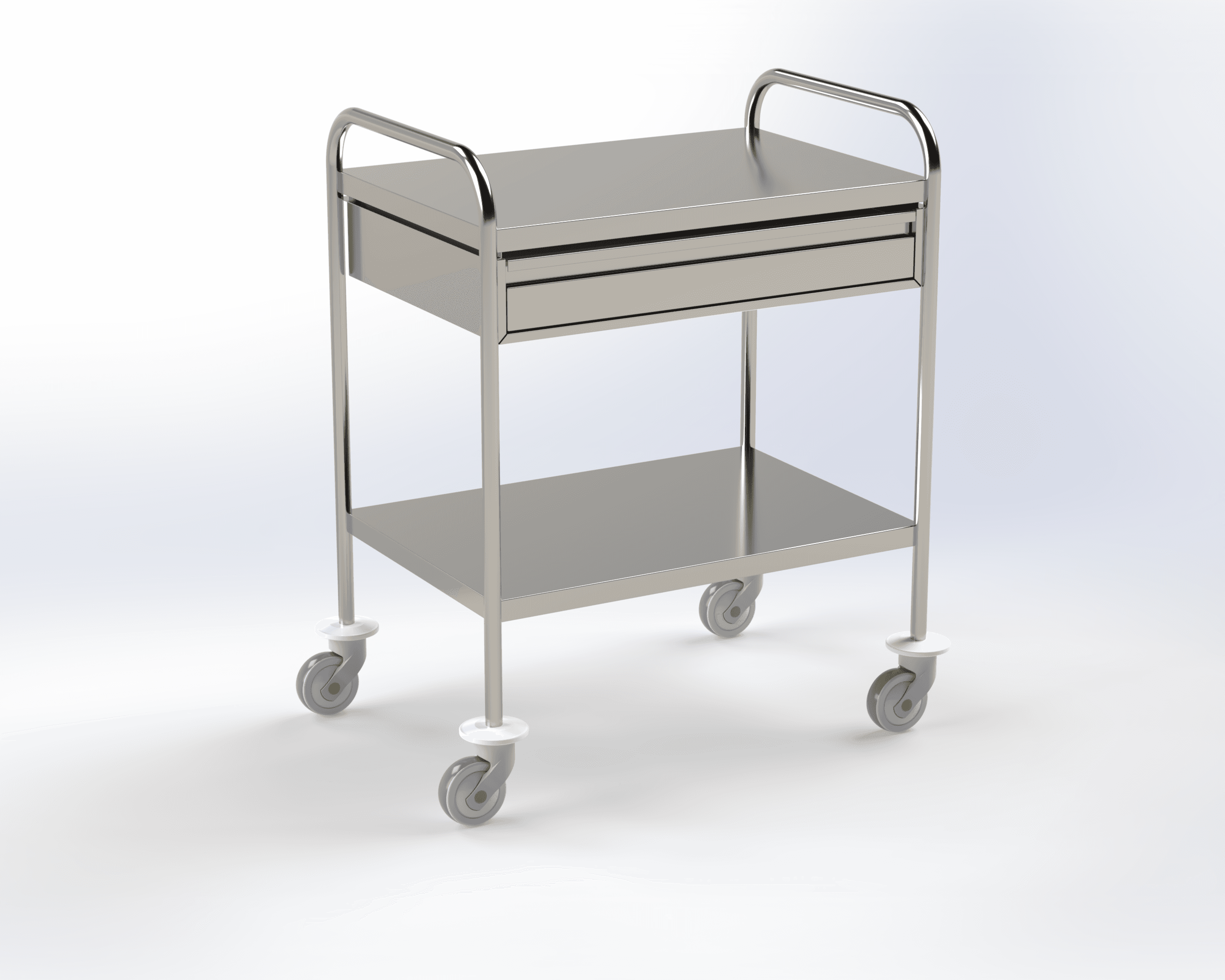 Guéridon 2 plateaux inox, bords tombés, 750x500mm avec poignées et un tiroir en inox (650x410x80mm)