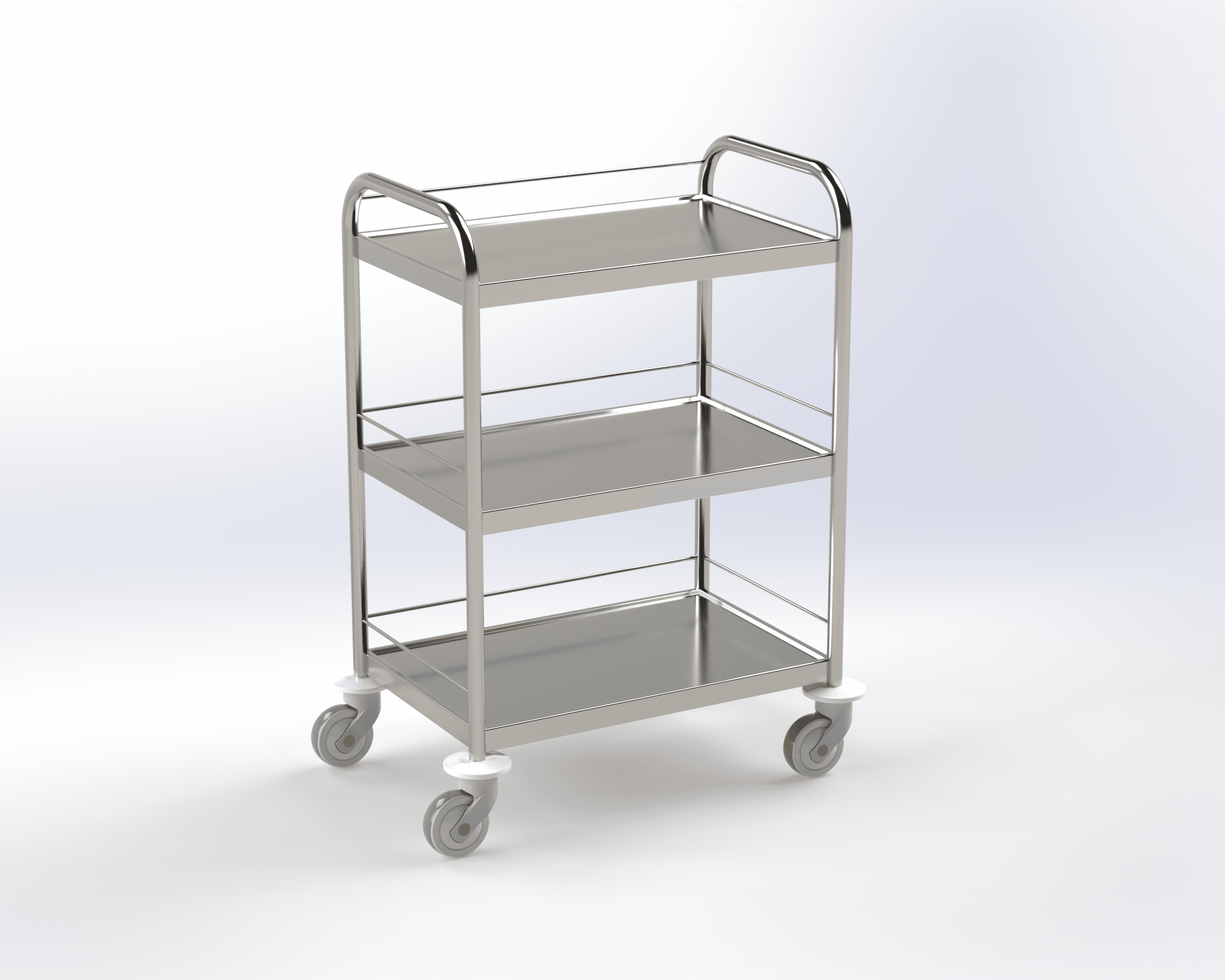 Guéridon 3 plateaux inox, bords relevés, 600x400mm avec poignées et galeries