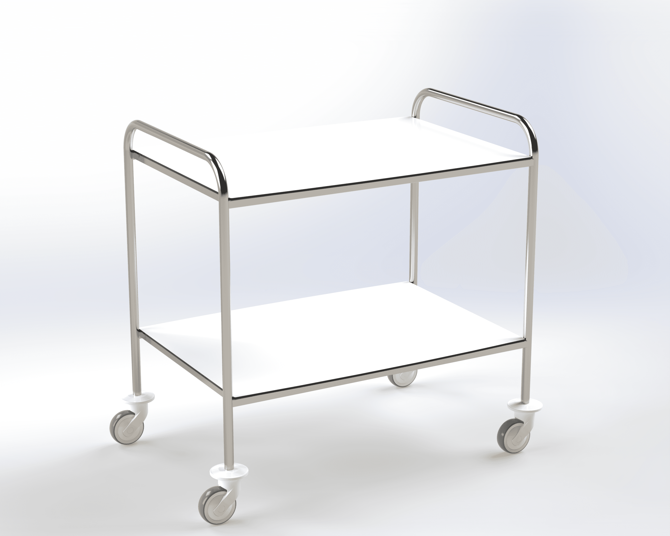 Guéridon 2 plateaux résine, bâti tube poli, roulettes diam 100mm, 900 x 600 x 960mm (LxPxH)