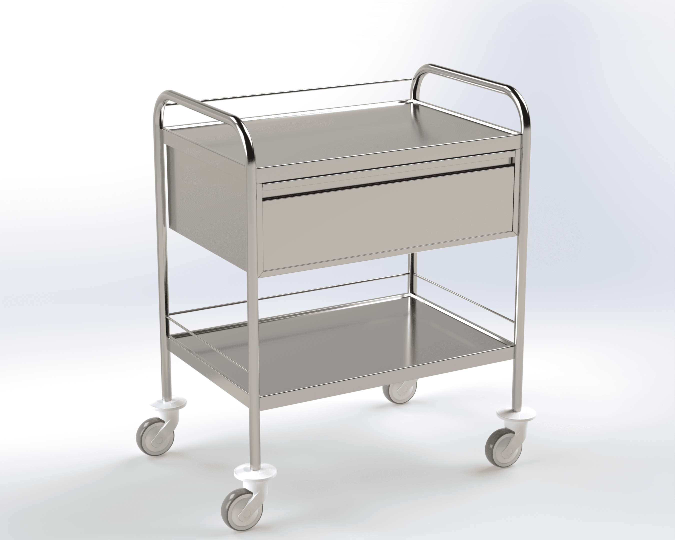 Guéridon 2 plateaux inox avec poignées, bords relevés, avec galeries en longueur sur fond plateau supérieur et 3 galeries sur plateau inférieur et un tiroir, dimension 750x500cm