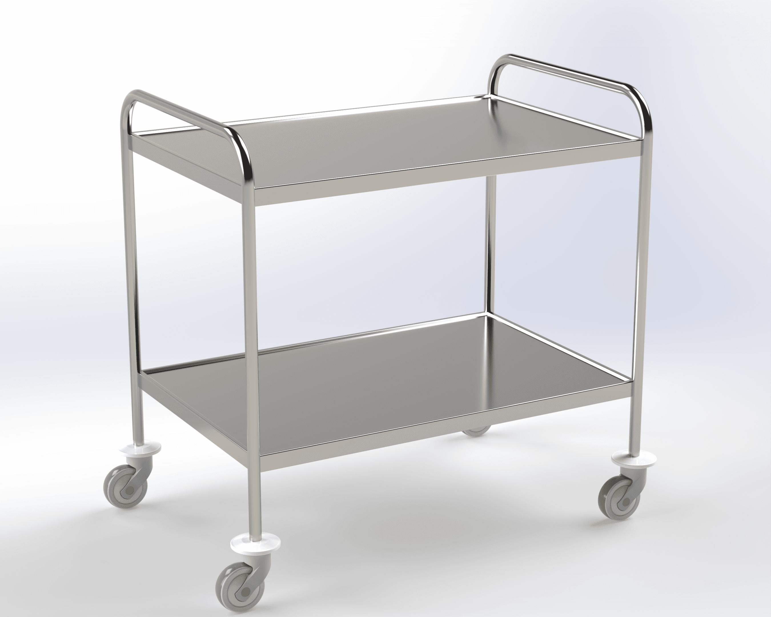 Guéridon 2 plateaux inox, bords relevés, bâti tube poli, roulettes diam 100mm, 900 x 600 x 960mm (LxPxH)
