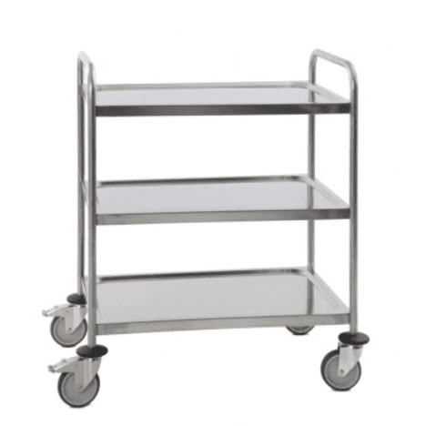Chariot de manutention 3 plateaux, inox, roulettes 125mm à butoirs dont 2 avec frein, 880 x 580 x 1015mm (LxPxH)