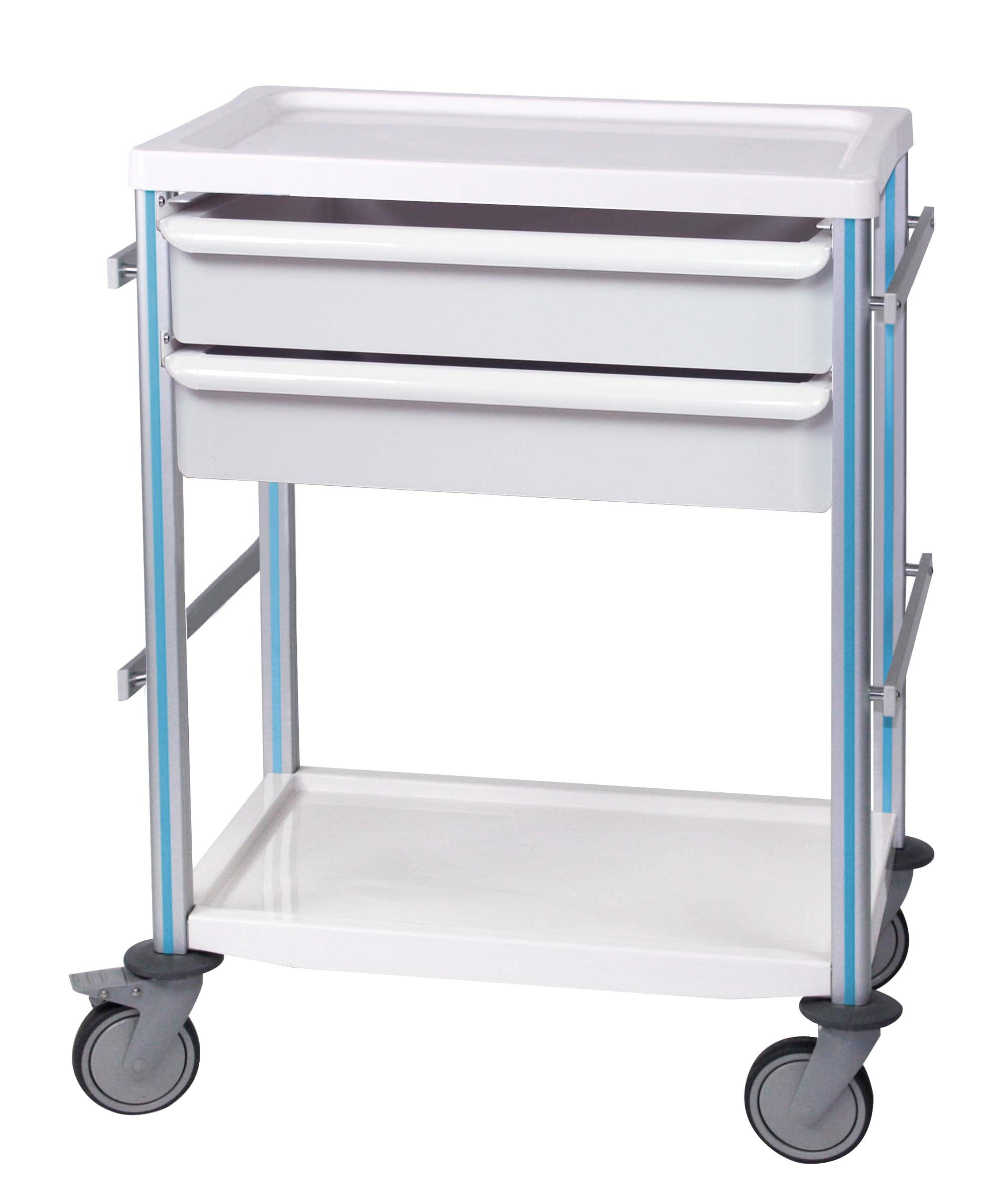 Guéridon Agily 600x400 équipé de : 1 tablette supérieure en thermoplastique 1 tablette inférieure en thermoplastique 2 tiroirs H. 115 mm avec glissières 4 rails normalisés