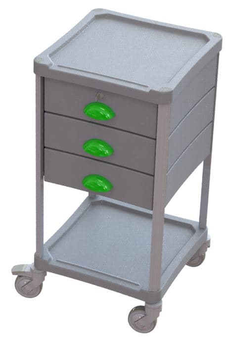 Guéridon Résine®, aluminium, 2 plateaux, 3 tiroirs 100mm (H), serrure, PVC, poignée vert pomme, roulettes, 500 x 500 x 985mm (LxPxH)