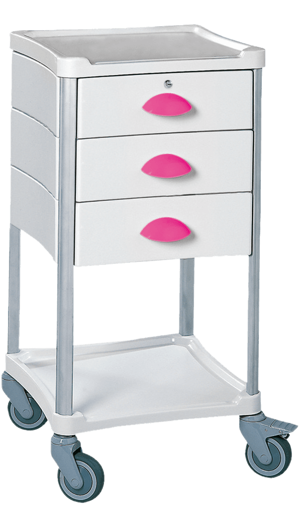 Guéridon Résine®, aluminium, 2 plateaux, 3 tiroirs 100mm (H), serrure, PVC, poignée fuschia, roulettes, 500 x 500 x 985mm (LxPxH)