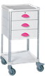 Guéridon Résine®, aluminium, 2 plateaux, 3 tiroirs 100mm (H), serrure, PVC, poignée fuschia, roulettes, 500 x 500 x 985mm (LxPxH)
