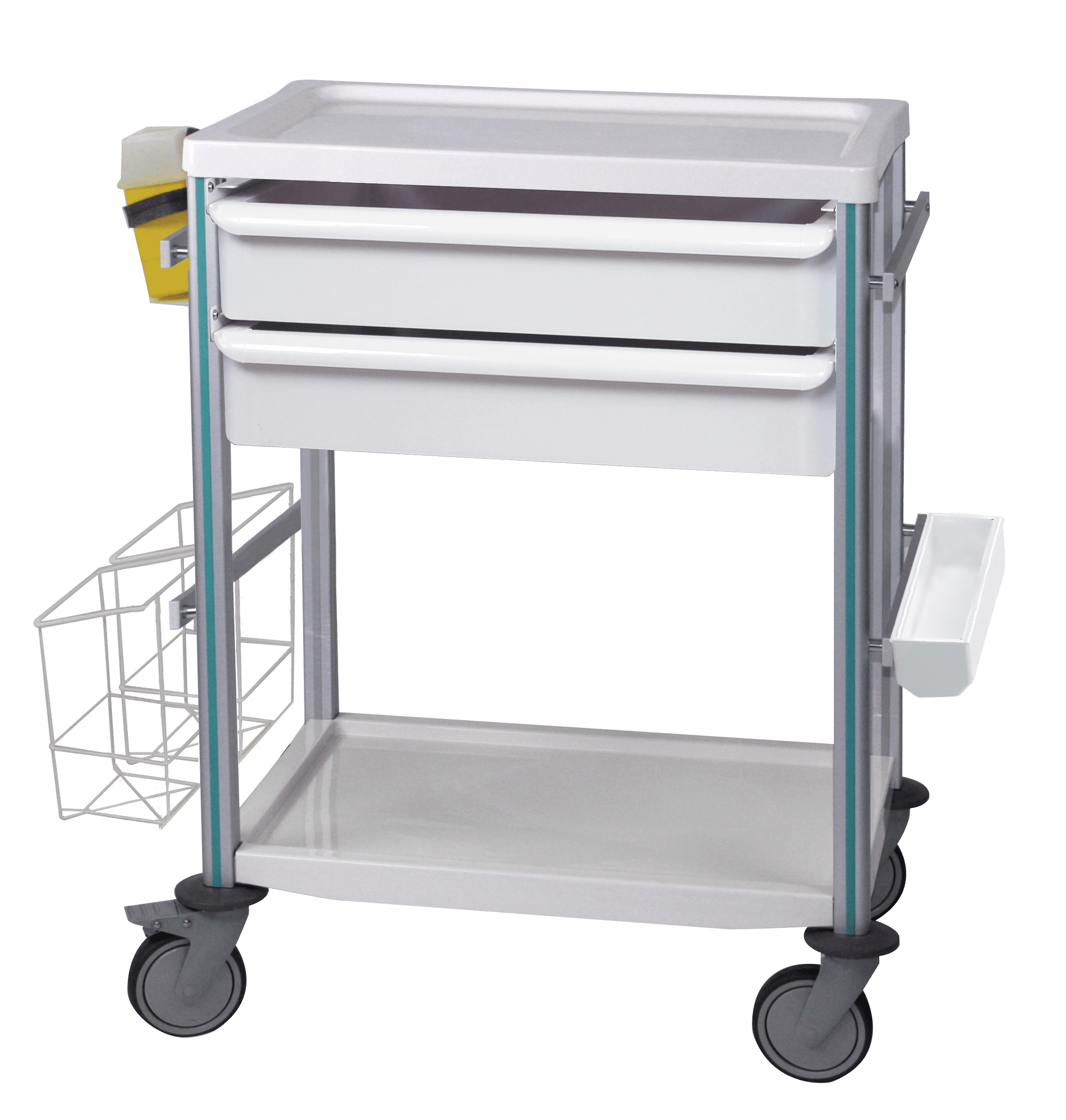 Guéridon Agily 600x400 équipé de : 1 tablette supérieure en thermoplastique 1 tablette inférieure en thermoplastique 2 tiroirs H. 115 mm avec glissières 4 rails normalisés 1 casier de rangement 1 support récupérateur d’aiguilles 1 poubelle mobile double