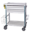 Guéridon Agily 600x400 équipé de : 1 tablette supérieure en thermoplastique 1 tablette inférieure en thermoplastique 2 tiroirs H. 115 mm avec glissières 4 rails normalisés 1 casier de rangement 1 support récupérateur d’aiguilles 1 poubelle mobile double