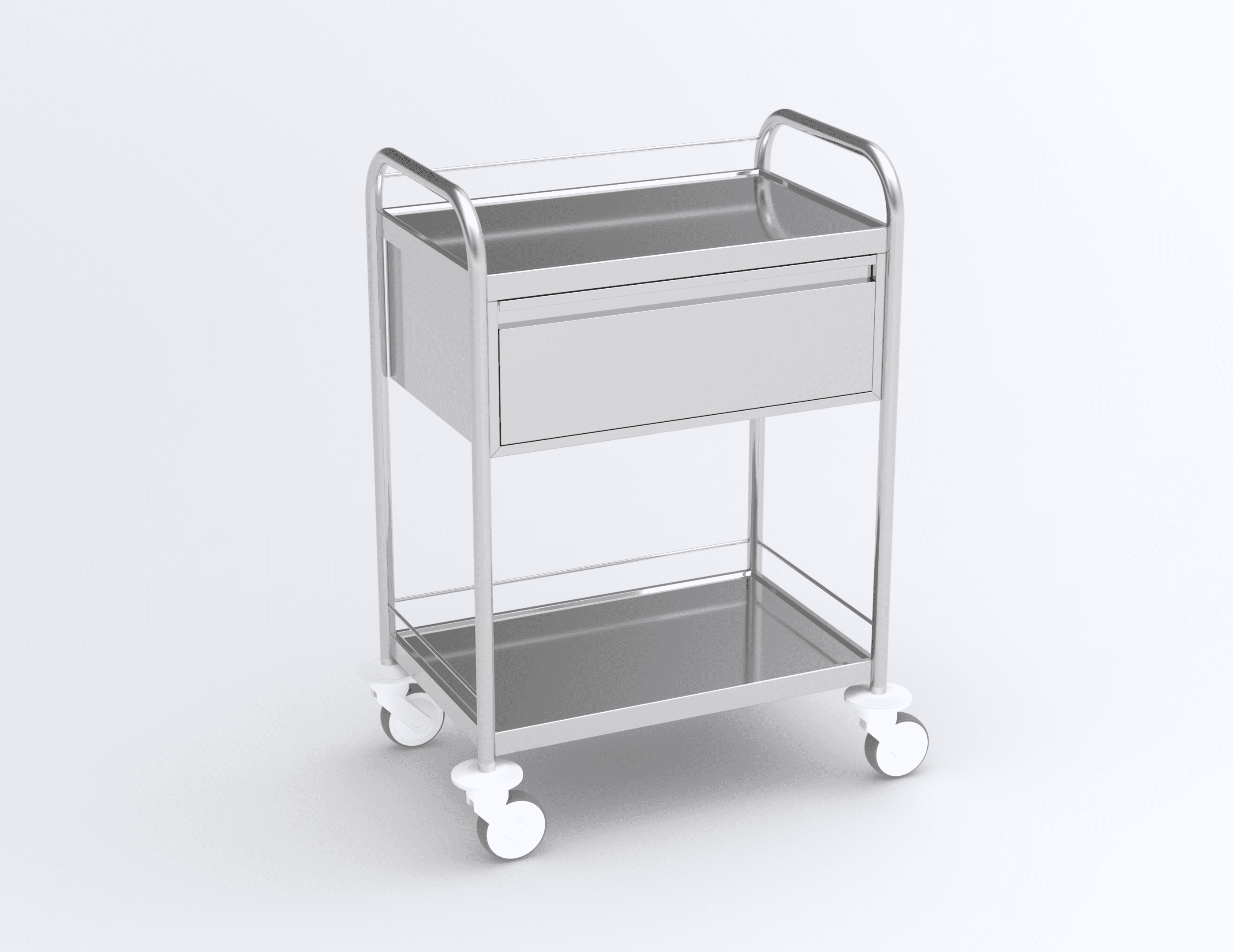 Guéridon inox 2 plateaux, bords relevés, 600x400mm avec poignées avec quatre galeries et un tiroir en inox (540x380x180mm)