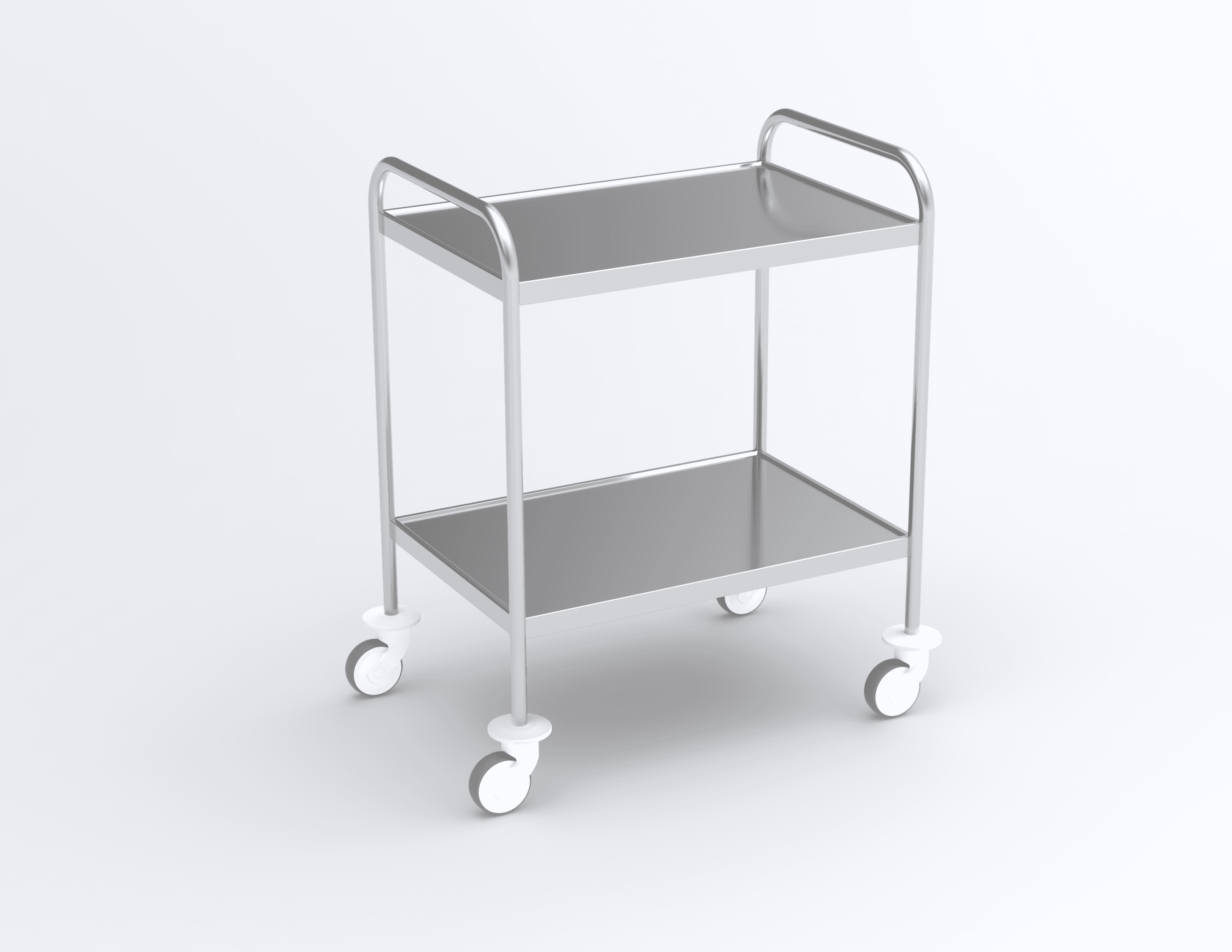 guéridon 2 plateaux inox, bords relevés, bâti tube poli, roulettes diam 100mm, 750 x 500 x 960mm (lxpxh)