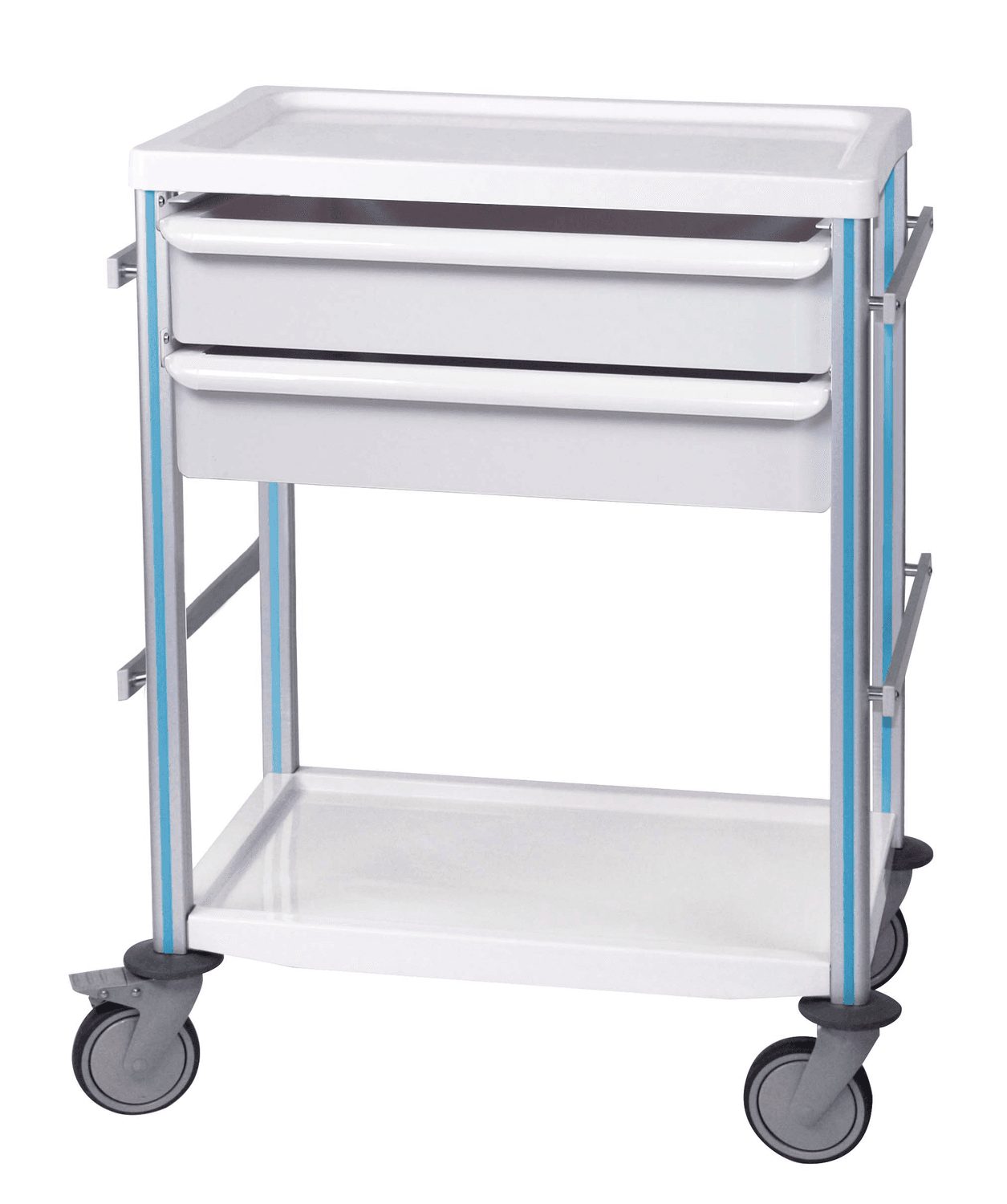 Guéridon Agily 600x400 équipé de : 1 tablette supérieure en thermoplastique 1 tablette inférieure en thermoplastique 2 tiroirs H. 115 mm avec glissières 4 rails normalisés