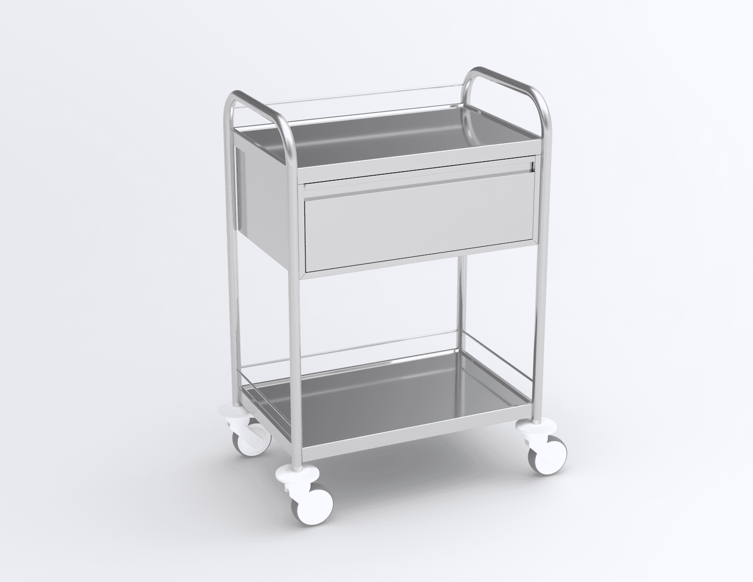 Guéridon inox 2 plateaux, bords relevés, 600x400mm avec poignées avec quatre galeries et un tiroir en inox (540x380x180mm)