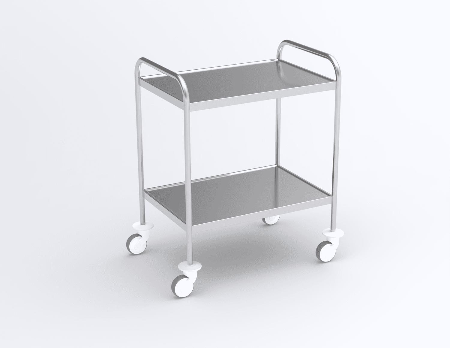 guéridon 2 plateaux inox, bords relevés, bâti tube poli, roulettes diam 100mm, 750 x 500 x 960mm (lxpxh)