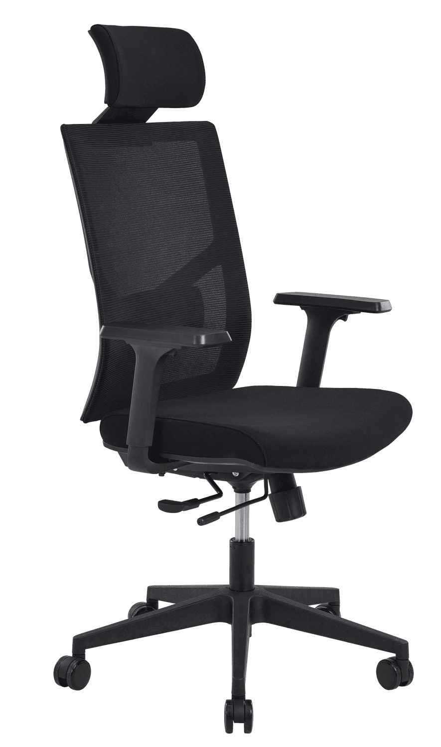 Fauteuil bureautique Zack, assise tissu noir, dossier filet noir, accoudoirs 3D, pied nylon, roulettes, têtière