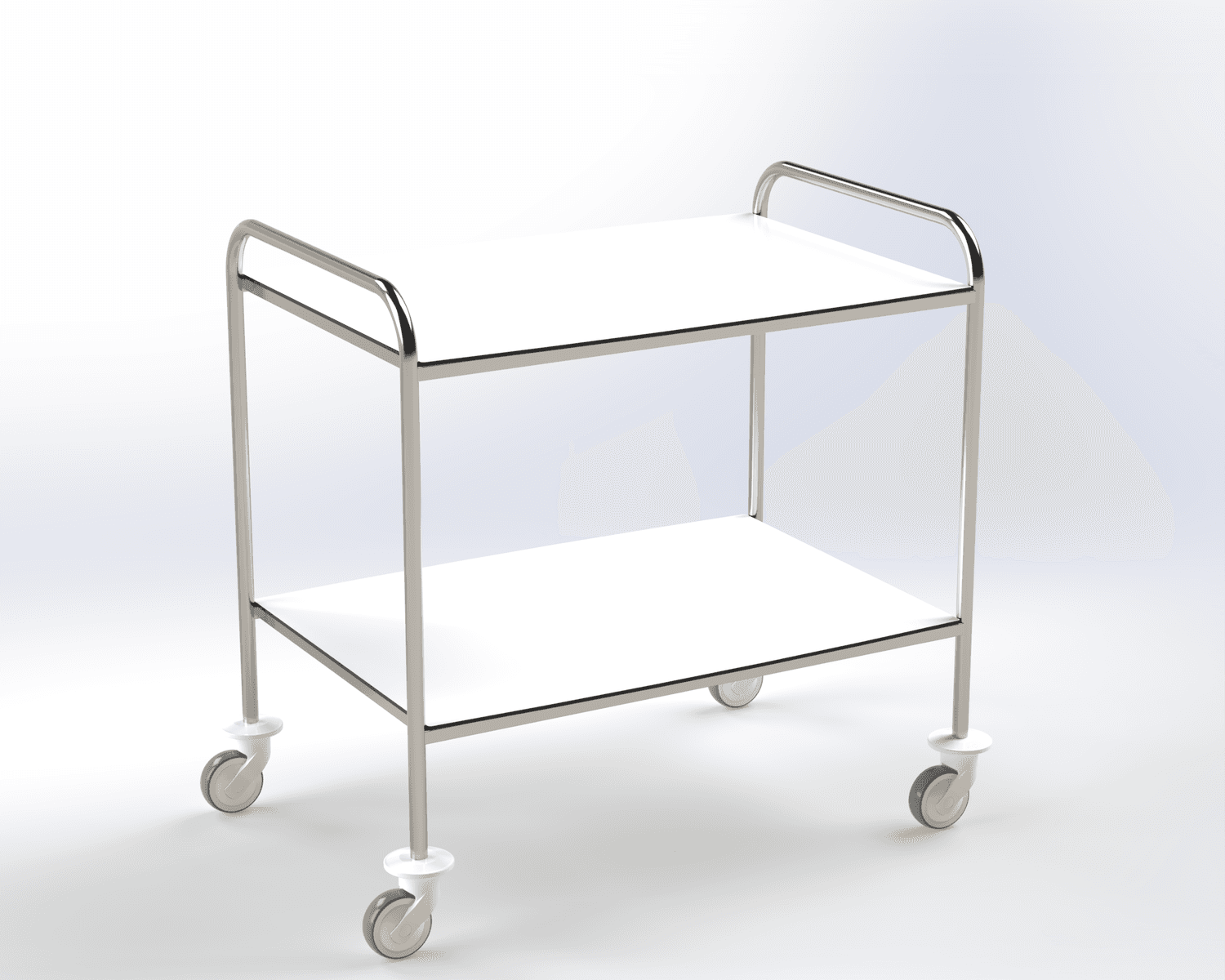 Guéridon 2 plateaux résine, bâti tube poli, roulettes diam 100mm, 900 x 600 x 960mm (LxPxH)