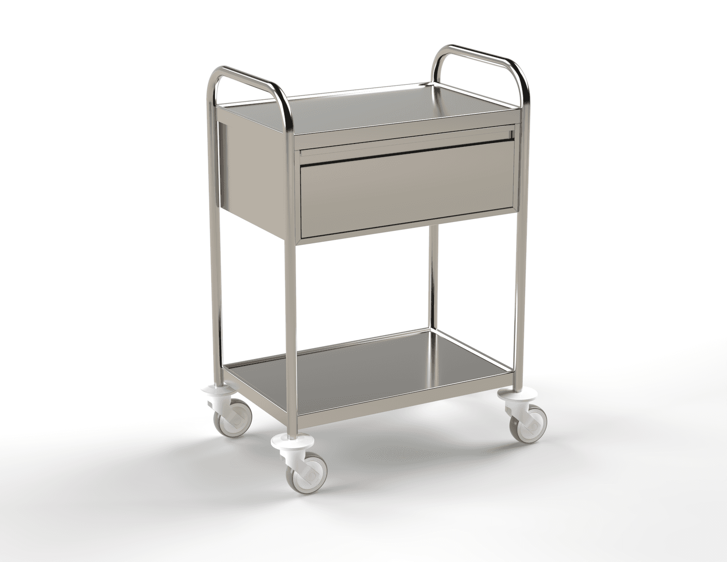Guéridon 2 plateaux inox, bords relevés, 600x400mm avec poignées et un tiroir en inox