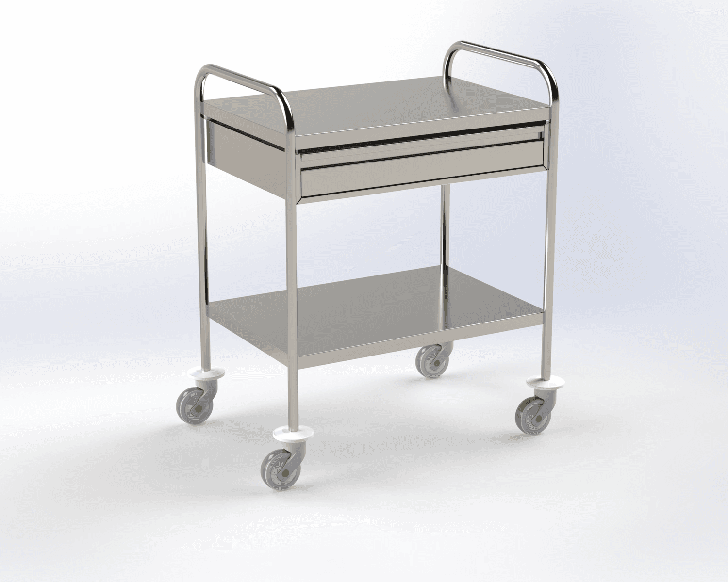 Guéridon 2 plateaux inox, bords tombés, 750x500mm avec poignées et un tiroir en inox (650x410x80mm)