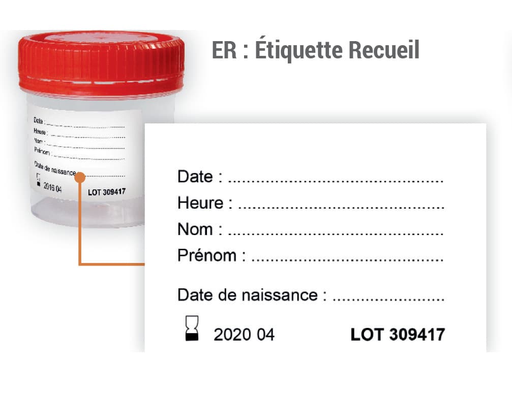 Flacon et pot pour coprologie avec étiquette recueil